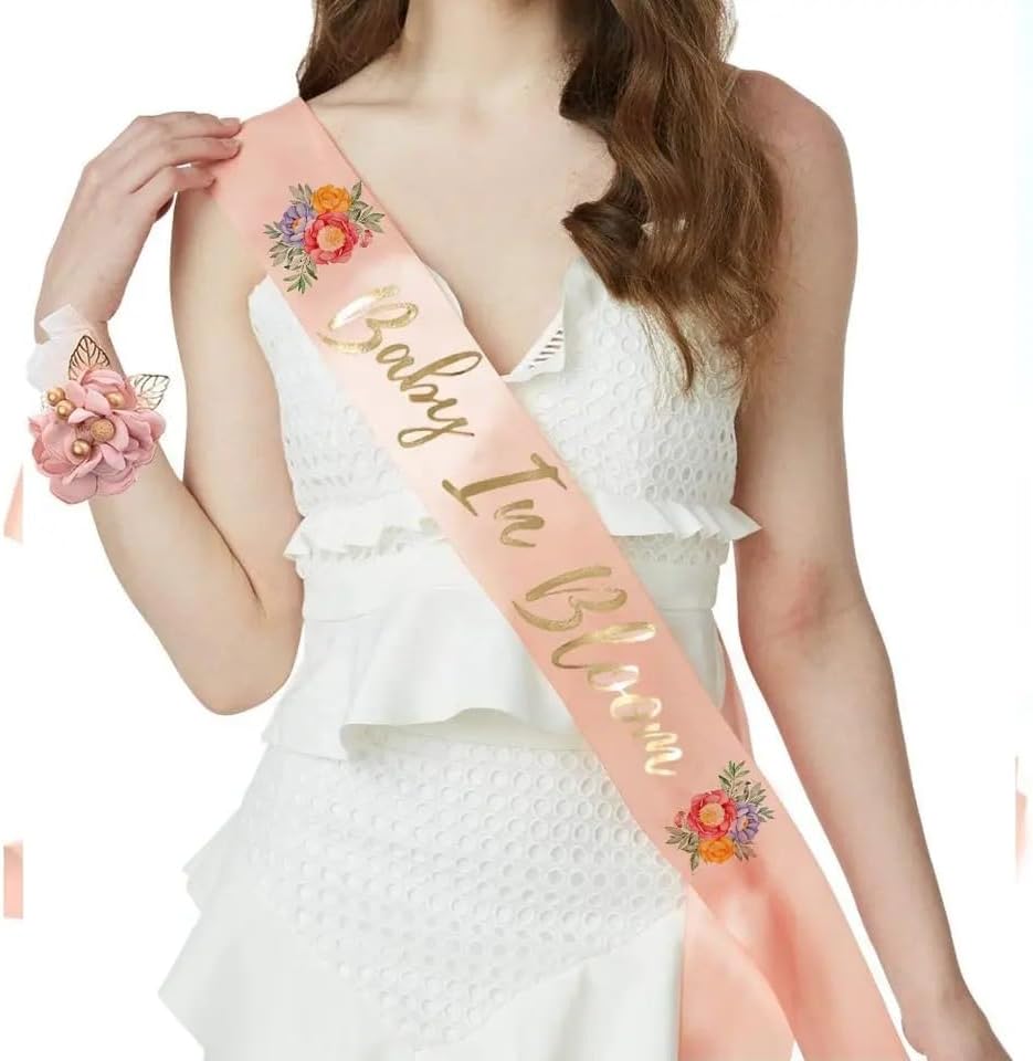 Miniatura 6 de HAPPYLAND Baby in Bloom - Faja de melocotón y ramillete de muñeca  Decoración floral de baby shower para mamá  Elegante accesorio de maternidad con