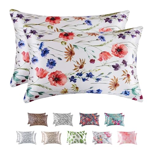 Image of MR&HM Satin Pillowcase for Hair and Skin, Silk Satin Pillowcase 2 Pack, King Size Pillow Cases Set of 2, Silky Pillow Cover with Envelope Closure (20x40, Floral Mixted)