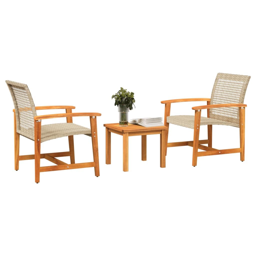 Set da bistrot per esterni in rattan con cuscini, set di mobili da giardino, tavolo e sedie da balcone per patio con tavolino da caffè, set da bistrot da 3 pezzi Polyrattan beige e legno di acacia