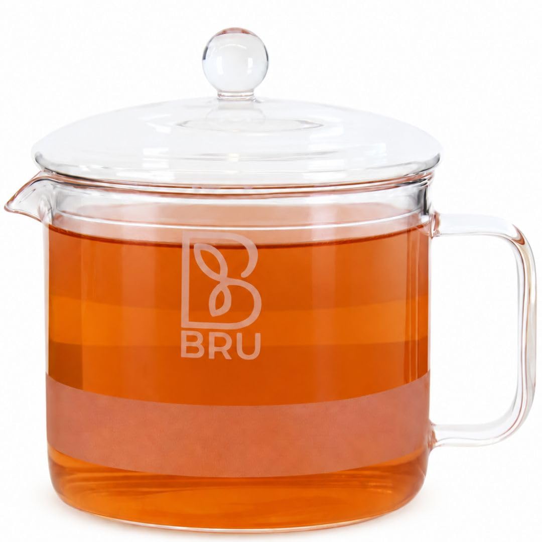 BRU Teekrug 1,4L Borosilikatglas mit Deckel – Handgefertigter Glaskrug mit Anti-Tropf-Ausguss, Spülmaschinenfest, für Tee & Eistee