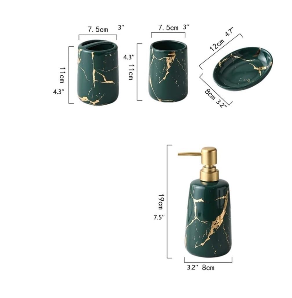 Badezimmer Set 6-teiliges Keramik-Badezimmer-Accessoires-Set, Seifenspender/Zahnbürstenhalter/Mundspülbecher/Seifenbox, Marmorstruktur-Set Dekoration Organizer(Grün)