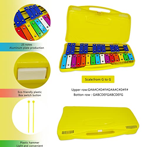 Image of Xylophone for Kids 25 Notes Glockenspiel Metal Percussion Instrument with Case Two Safe Mallets, Perfectly Tuned Musical Instrument Toddlers Adult Music Teaching, Gifts(Yellow)