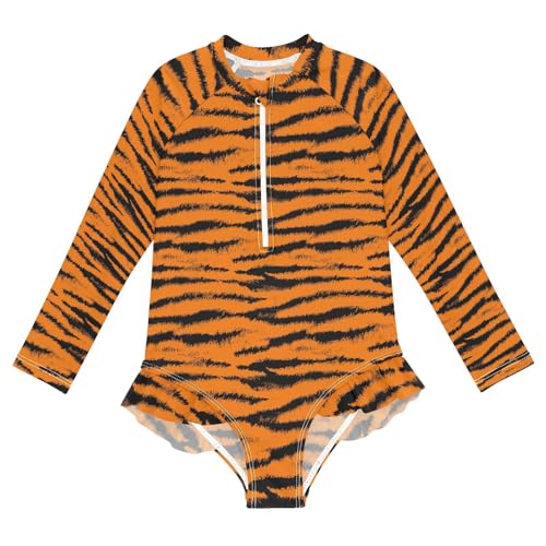 Girls Long Sleeve Swimsuit Tiger Skin Animal Print One Piece Bathing Suit Zipper UPF 50+ Rashguard Swimwear 3-12Y