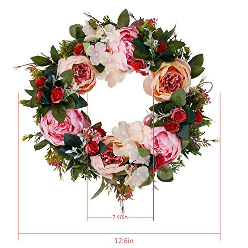 Door Wreath Floral Wreath Fake Flowers 15" Artificial Peony Wreath With Green Leaves Handmade For Farmhouse Welcome Door Wall Home Decor Office Pink #TOP6