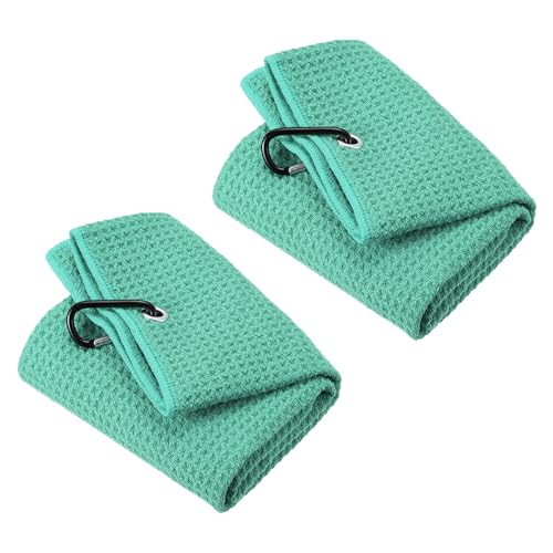 PATIKIL 12"x12" Tri-Fold Golf Towels, 2 Pack Waffle Pattern Towels Soft Fiber Strong Water Absorption with D Clip for Golf Lovers Green