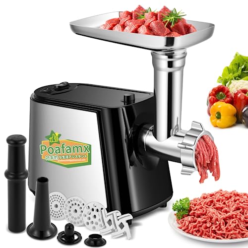 Poafamx ミンサー 電動 3/5/7mm3種カットプレート付き 野菜スライサー部品三つ付き ミートローフ用部品/ソーセージノズル/ジューサー用部品付き ミンチ機 ひき肉機 肉挽き/腸詰め/みじん切り/野菜ひき/味噌作り 豆挽き機 ステンレス鋼 水洗い