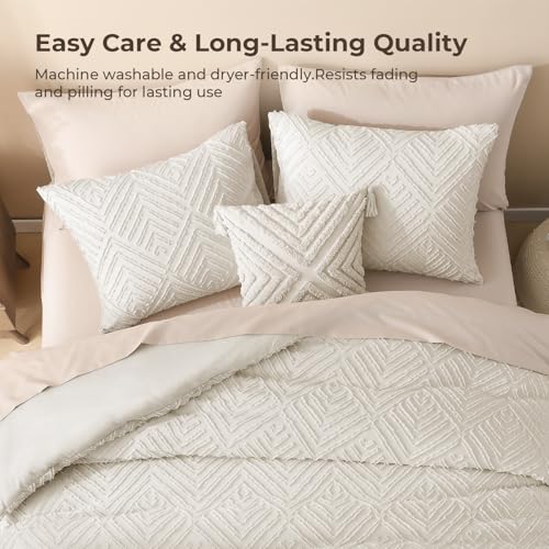 Image of Litanika King Size Comforter Set Beige, 3 Pieces Cream Tufted Boho Farmhouse Bedding Comforter Sets, Lightweight Fluffy Comforter Bed Set for All Season (104x90In Comforter and 2 Pillowcases)