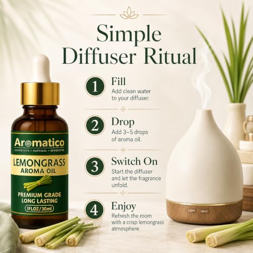 Image of AROMATICO Lemongrass Diffuser Oil for Long-Lasting | Home Fragrance & Aromatherapy, Meditation & Concentration | For Diffusers, Air Fresheners | 30ml