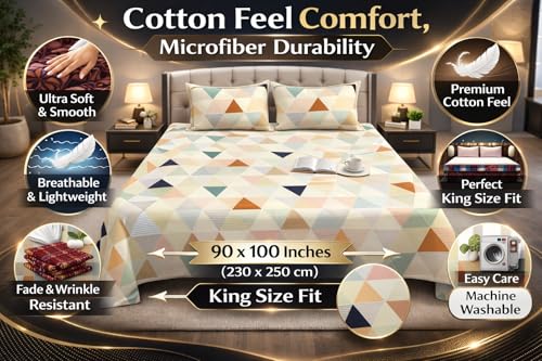 Image of Cotton Feel King Size Flat Bedsheet for Double Bed (90 x 100 Inches | 230 x 250 cm) with 2 Pillow Covers | Soft & Smooth Printed Bedsheet for Daily Use (White Geometric, King Bed-90x100)