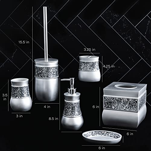 Crackled Glass Silver Bathroom Accessories Set - 6 Piece Bathroom Set Includes: Toilet Brush and Holder Set, Tissue Box Cover, Toothbrush Holder, Soap Dispenser, Soap Dish & Tumbler - Image 4