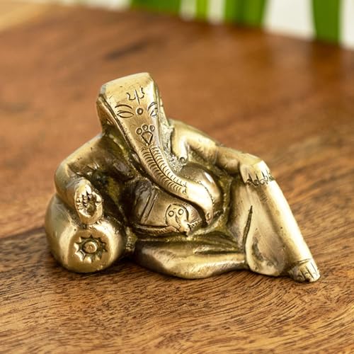 Image of ExclusiveLane 'Resting Brass Ganesha' Idol Showpiece in Pure Brass (2 Inches, 0.3 kg) | Handcarved Brass Ganesha Idol for Home Decor and Gifting Ganpati Idol for Home Decor Living Room