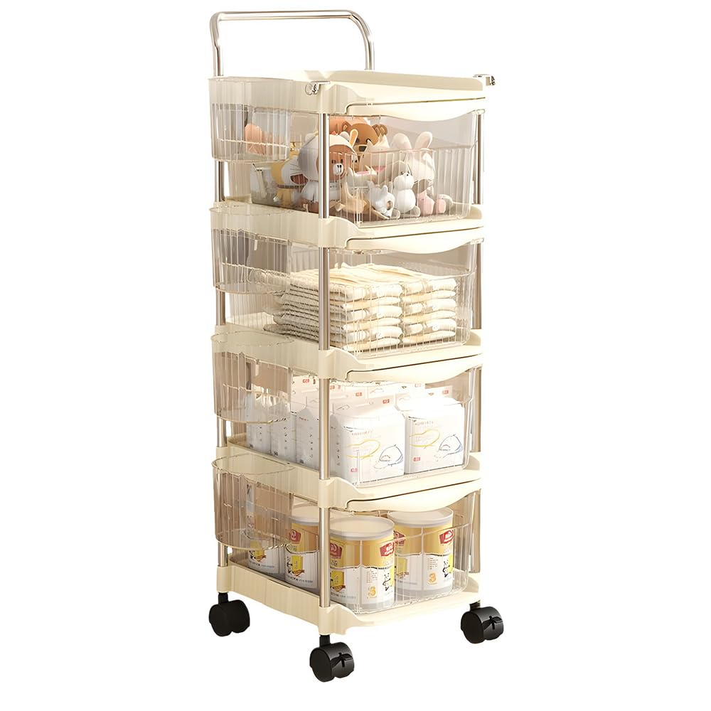 Baby Diaper Caddy Cart Organizer - Plastic Movable Cart Drawers with Hanging Basket, Rolling Utility Diaper Storage Caddy Organizer for Changing Table & Crib, Nursery, Bedroom (4 Tier)