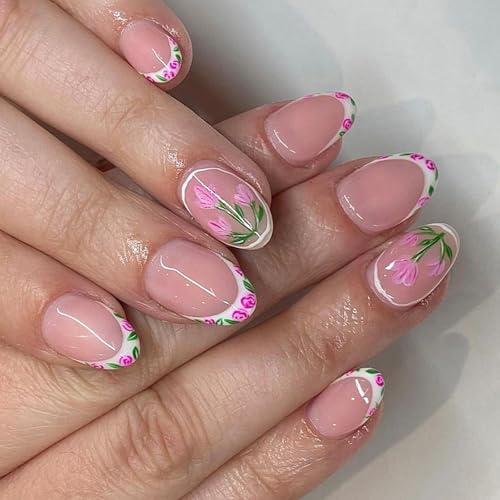 24 uñas postizas con punta francesa, brillantes, ovaladas, cortas, a presión, flores dulces, uñas acrílicas artificiales