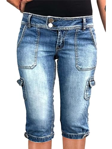 Flamingals Women's Star Flap Pocket Side Vintage Summer Low Waist Skinny Cargo Capris Jeans