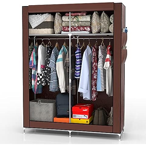 INTIRILIFE Fabric Wardrobe 108x45x170 cm in COCONUT BROWN - Lockable Canvas Folding Closet with Side Pockets, Zipper and Hanging Rail - Foldable Non-Woven Textile Storage Cover