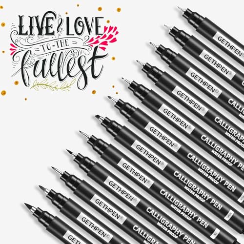 BUUTIIGER Calligraphy Pens 12 Size Calligraphy Pens Set Black Ink Drawing Pens for Writing, Hand Lettering, Art Drawing, Sketching, Scrapbooking, Journaling