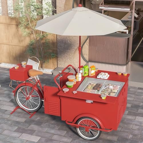 RNQZ Ice Cream Tricycle Cart Trailer, Mobile Tricycle Food Truck Holds up to 440Lbs with Parasol Umbrella, Vending Trike Mobile Food Beverage Bike Cart,Style1,D