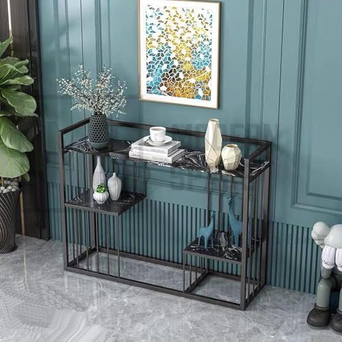 Image of ARTROCK Modern 3-Tier Console Table with Faux Marble Shelves, Gold Metal Frame, Narrow Entryway Sofa Table, Luxury Display Shelf Organizer for Living Room, Hallway, Bedroom & Office (Black)