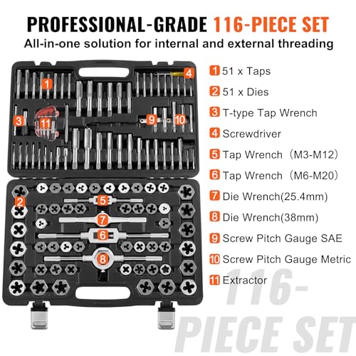 Image of Tap and Die Set, 116-Piece Include Metric and SAE Size, Bearing Steel Taps and Dies, Essential Threading Tool for Cutting External Internal Threads, with Complete Accessories and Storage Case
