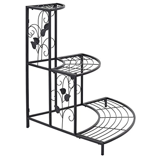 Image of NAYAB 3 Tier Metal Plant Stand, Stair-Step Style Display Ladder | Corner Shelf Metal Flower Pot Rack for Garden Balcony Indoor Outdoor (Black)