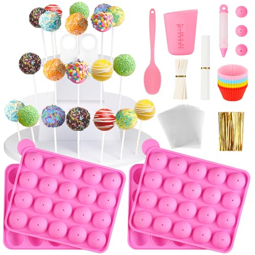 Kucoele Cake Pop Maker Kit with 2 Silicone Cake Pop Molds, 3-Tier Stand Holder, Melting Pot, Cupcake Molds, Lollipop Sticks, Spatula, Decorating Pen, Treat Bags and Twist Ties