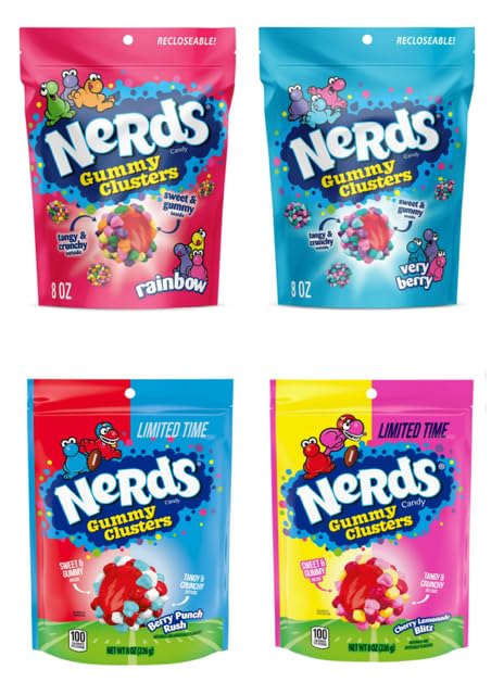 The Bundl'd Bunch Company Nerds Gummy Clusters Holiday Bundle - (Rainbow, Very Berry, and more) - Crunchy + Gummy Texture Candy Bundle (Original 4-Flavor Bundle)