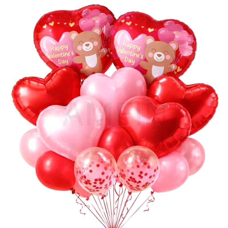 Image of AMFIN (Pack of 14) Happy Valentine's Day Balloon Decoration Set | Romantic Heart Foil Bouquet Metallic Helium Bunch Proposal Anniversary Celebration Party Decor - Red Teddy