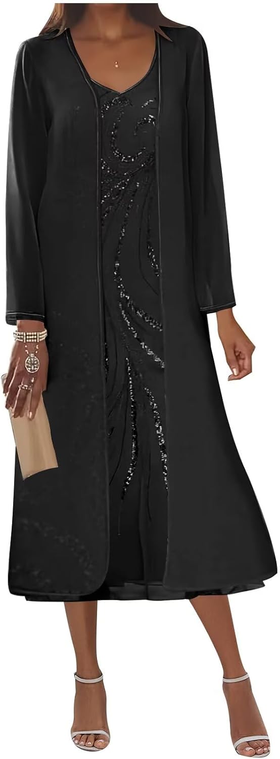 Vvecz 2 Pieces Mother of The Bride Dresses with Jacket V Neck Chiffon Long Sleeve Formal Evening Dress