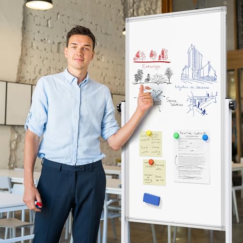Image of Large Rolling Whiteboard on Wheels, 48 inch x 24 inch Height Adjustable Mobile White Board with Stand, 4' x 2' Portable Standing Magnetic Dry Erase Board Easel for Home Office Classroom School, Silver