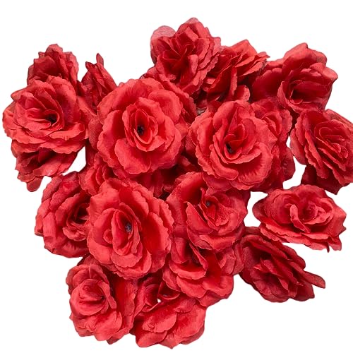 Corkwaw 25 cabezas de rosas artificiales de 7,6 cm, flores de cabeza de rosa de seda, decoración de boda, fiesta, hogar, jardín, manualidades, caja de regalo (rojo)