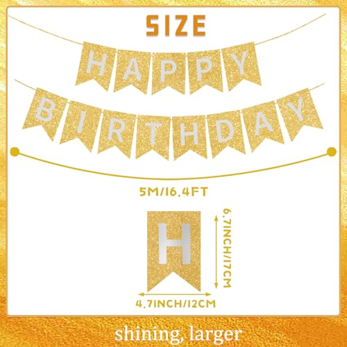 Image of Gold Happy Birthday Banner - 16 ft Pre-Strung Gold Birthday Party Decorations Sign for Girls, Boys, Kids, Women - No DIY Hanging Backdrop for Indoor & Outdoor Celebrations