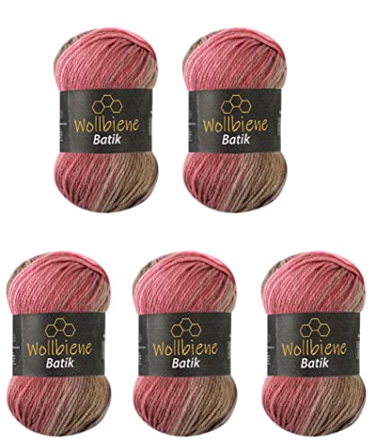 5 x 100 g Wollbiene Batik, 500 g Wool with Colour Gradient, Multicoloured Knitting Wool, Crochet Wool (5050 Brown, Berry, Pink)
