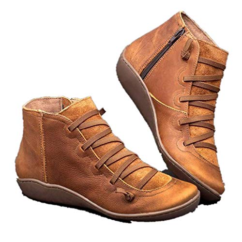 Women's Ankle Boots, Cowboy Boots Ankle Booties with Fashion Lace Up & Side Zipper, Vintage Retro Ankle Arch Support Booties, Comfortable Slip On, Flat Low Heel Fall Shoes