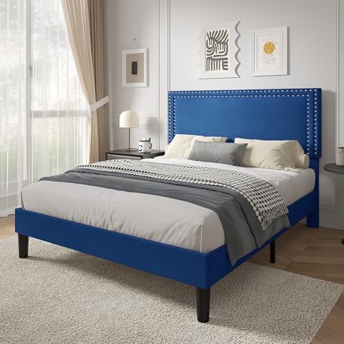 Image of VECELO Full Size Platform Bed Frame with Height Adjustable Upholstered Headboard, Modern Mattress Foundation,Strong Wood Slat Support, No Box Spring Needed, Easy Assembly,Dark Blue