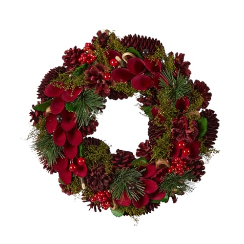 Christmas Wreath Red Pine Cone Front Door Wreath with Artificial Foliage, Red Wooden Flowers & Faux Berry Decorations Indoor/Outdoor Xmas Winter Wreath 12'