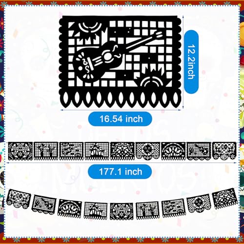 Image of VitalCozy 4 Pack 59 ft Mexican Papel Picado Banner Plastic Mexican Talavera Party Fiesta Banner Wedding Hanging Decorations for Cinco De Mayo Cielito Lindo Party Supplies(Black)