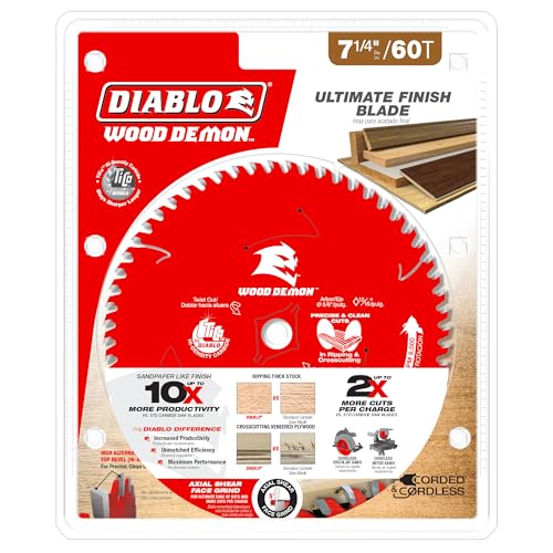Image of Diablo Wood Demon Ultimate Finish Carbide Circular Saw Blade - Ideal for Professional Use and DIYers - 7-1 /4 inch Diameter, 60 Hi-ATB Teeth, 8,000 Max RPM - D0760UX