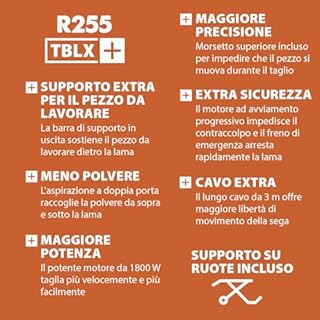 Evolution Power Tools R255TBLX+ Sega Da Banco Con Supporto (La Prossima Generazione Rage 5-S) Lama Da Taglio Multimateriale Taglia Legno Metallo Plastica, Smusso A 45°, Angolo Obliquo +/- 60°, 1800w