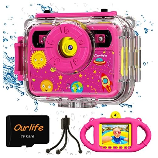 Ourlife Kids Underwater Camera, Selfie Waterproof Cameras Toys for Girls, 1080P 2.4'' Large Screen Cam with 8GB TF Card, Silicone Handle, Fill Light, Christmas Birthday Gift for Girls (Pink)