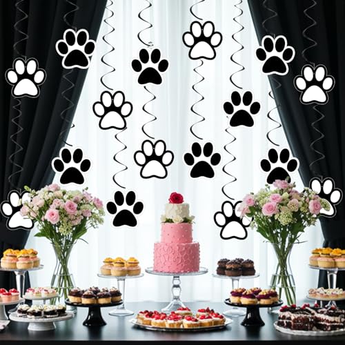 Image of Weecent 24 Pcs Dog Paw Prints Themed Party Hanging Swirl Black White Puppy Birthday Decorations Banners Paw Prints Ceiling Streamers for Pets Birthday Baby Shower Party Favors Supplies