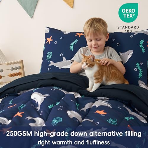 Image of PHF 4 Piece Toddler Bedding Set, Ultra Soft Toddler Comforter Sets Include Comforter, Fitted Sheet, Flat Top Sheet and Pillowcase for Boys Girls, Bed in A Bag for Toddler Bedroom, Shark