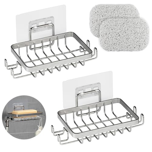 YoHyien 2 Pièces 304 INOX Porte Savon Douche sans Perçage, Auto-Adhésif Porte Savon Mural avec Crochets et Économiseur de Savon, Support Savon Mural pour...