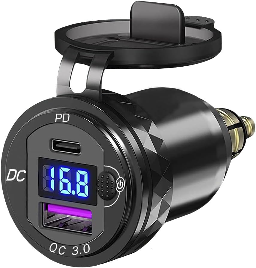 Motorcycle DIN/Hella USB Charger (NOT for Car Cigarette Socket), 36W PD3.0 & 18W QC3.0 Power Adapter with Switch, Voltmeter, Waterproof USB-C & USB-A Plug for BMW Ducati Triumph