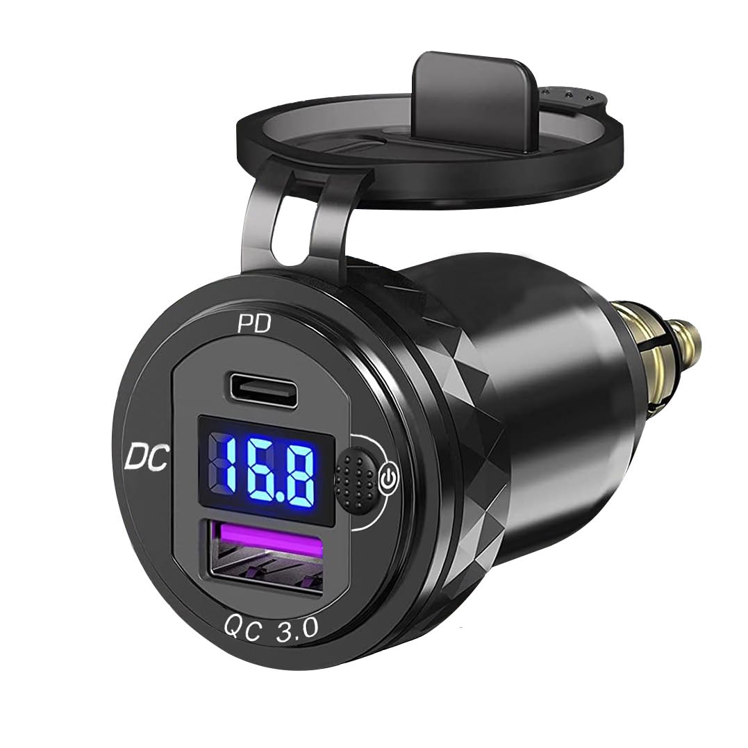 SOBMOTO Motorcycle USB Charger, 36W PD3.0 & 18W QC3.0 DIN Hella Socket Power Adapter with Switch, Voltmeter, Waterproof USB-C & USB-A Plug for BMW Ducati Triumph Motorbike 12V/24V