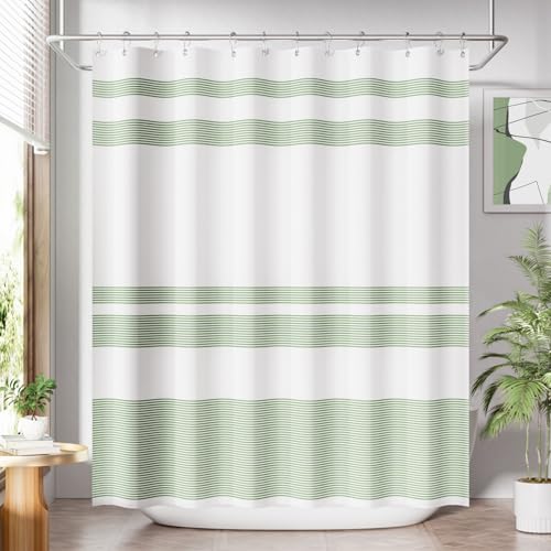 AmazerBath Shower Curtain, Washable Cloth Sage Green with 12 Shower Curtain Hooks, Fabric Green and White Striped Set, Farmhouse Bathroom Shower Curtain, 72x72 Inches