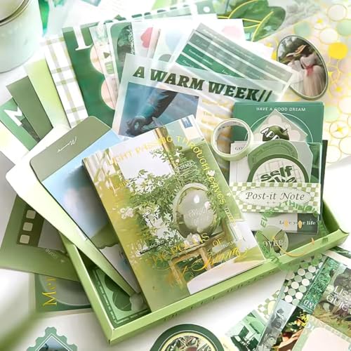 Image of VIBE VISTA Vintage Aesthetic Scrapbook Kit 346 Pcs A6 Grid Notebook Washi Envelopes Scrapbook Papers Folding Labels Background Papers Photo Frames Calendar Stickers (Poetry of Misty Island green)
