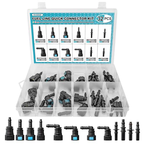 32PCS Fuel Line Quick Connect Assortment Kit 12 Sizes Fuel Line Repair Kit Straight Elbow Pipe Connector Fittings SAE 9.89mm & 9.49mm & 7.89mm