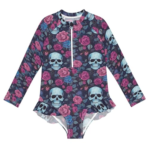 Sugar Skull Flowers Girls Long Sleeve Rashguard Swimsuit UV Protection One-Piece Swimwear Bathing Suit B0403002