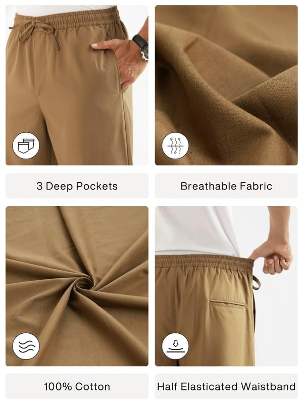 Image of SAADAA Men's 100% Cotton Pants | Mid-Rise Straight Fit Casual Trousers with Elastic Waistband and 3 Pockets | Everyday Wear