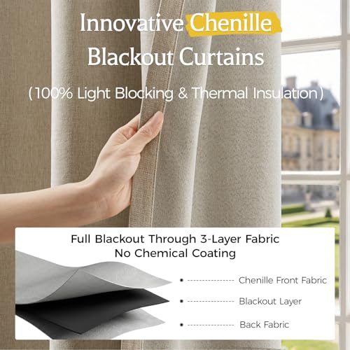 Image of 100% Blackout Curtains for Bedroom, Luxury Chenille Thermal Insulated Drapes for Living Room, Energy Saving Room Darkening 84 Inch Long Curtains, Grommet Top, 2 Panels, 52 inch W x 84 inch L, Khaki